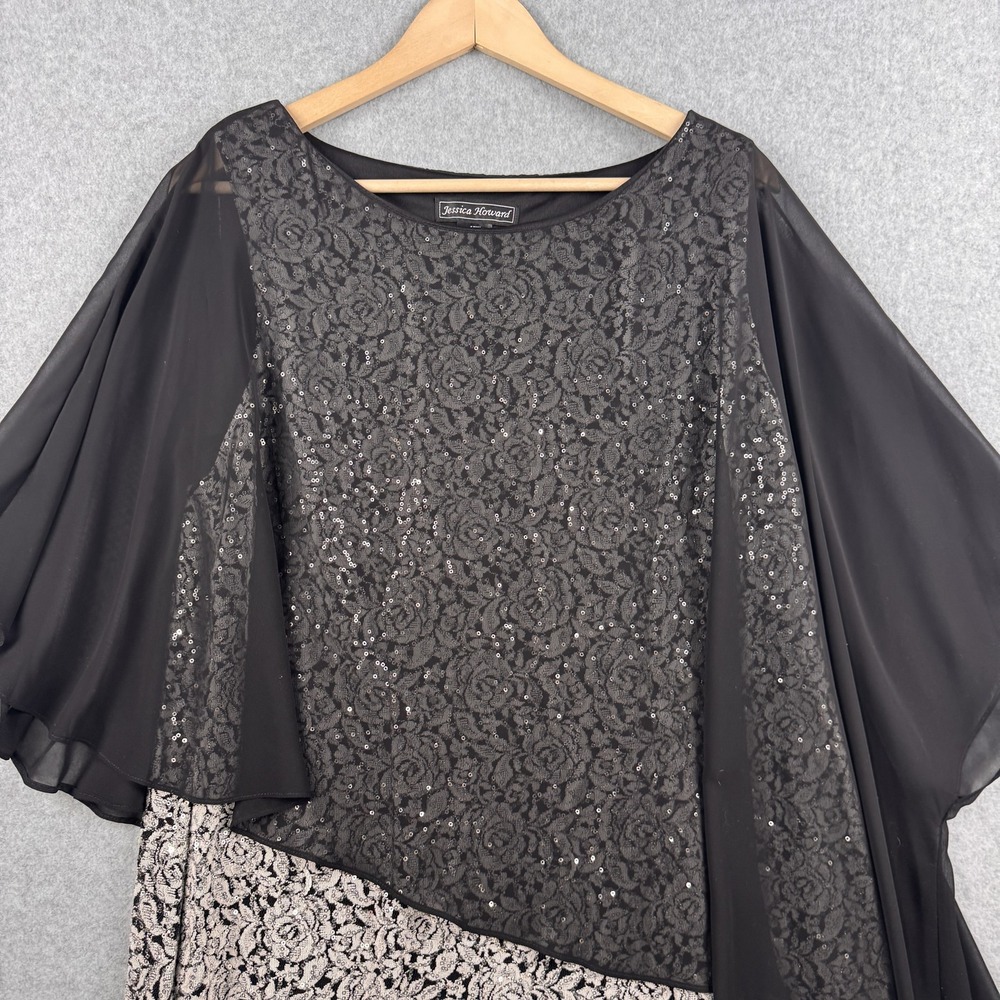 Jessica Howard Sheath Dress Womens 18W Black Silver Sequin Chiffon Cape Overlay - Picture 4 of 8